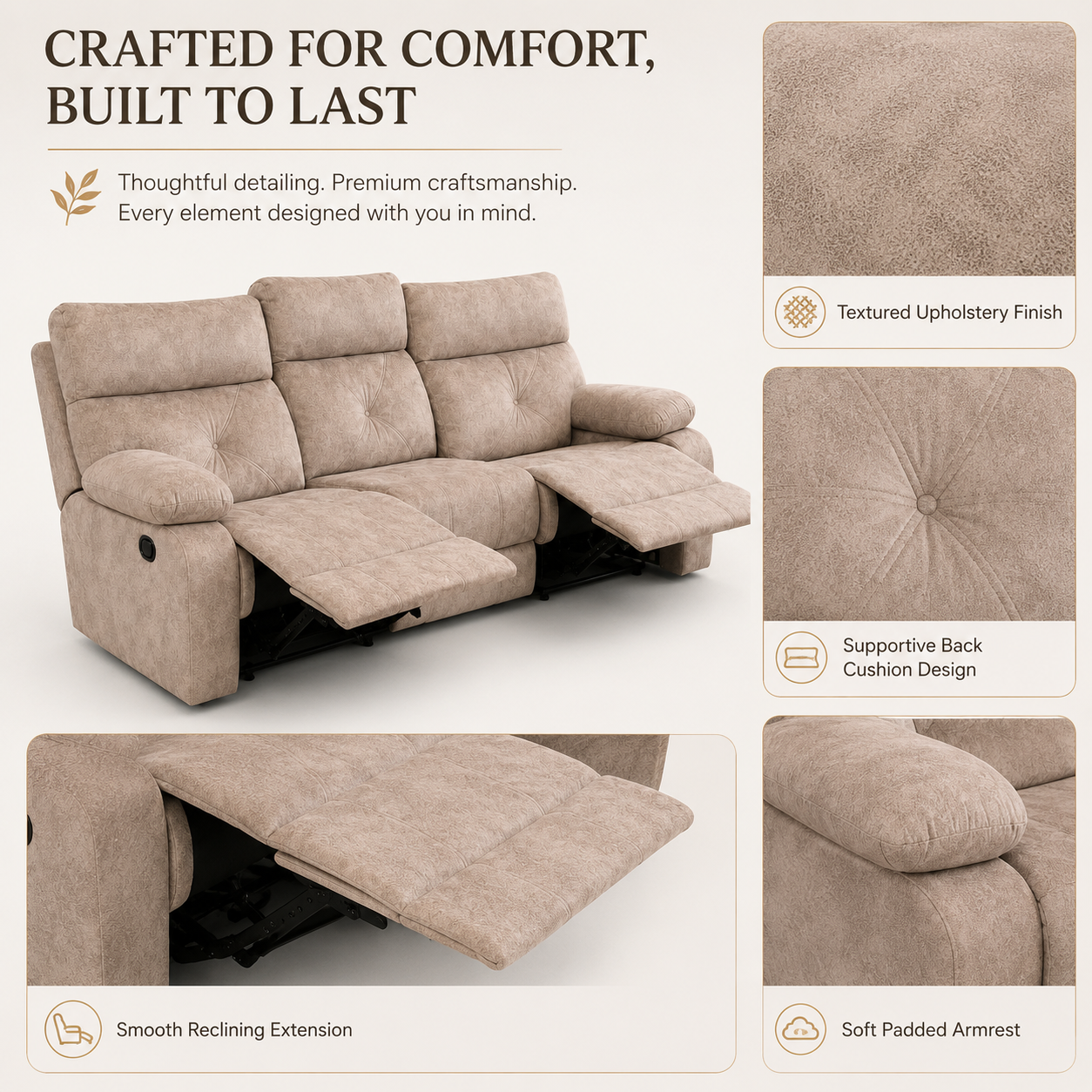 Arlo recliner sofa textured upholstery, supportive back cushions and padded armrest detail