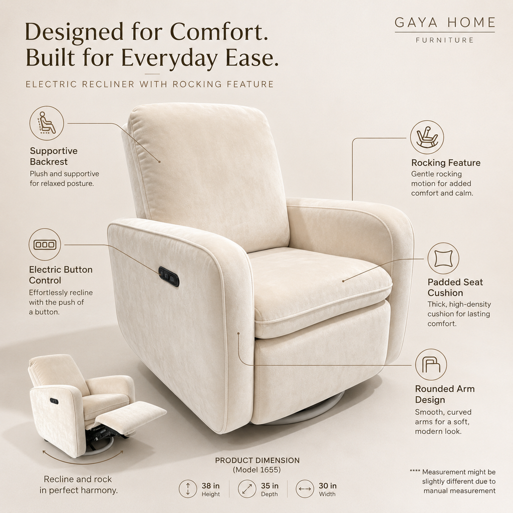 Luma electric rocking recliner chair feature guide showing padded support and rounded arms