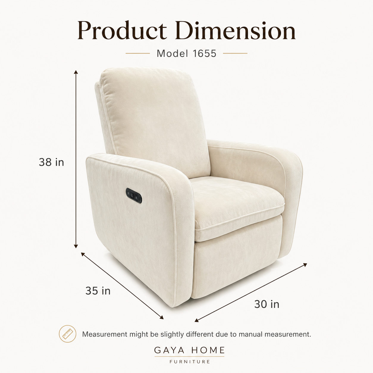 Luma Model 1655 recliner chair dimensions showing 30-inch width, 35-inch depth and 38-inch height