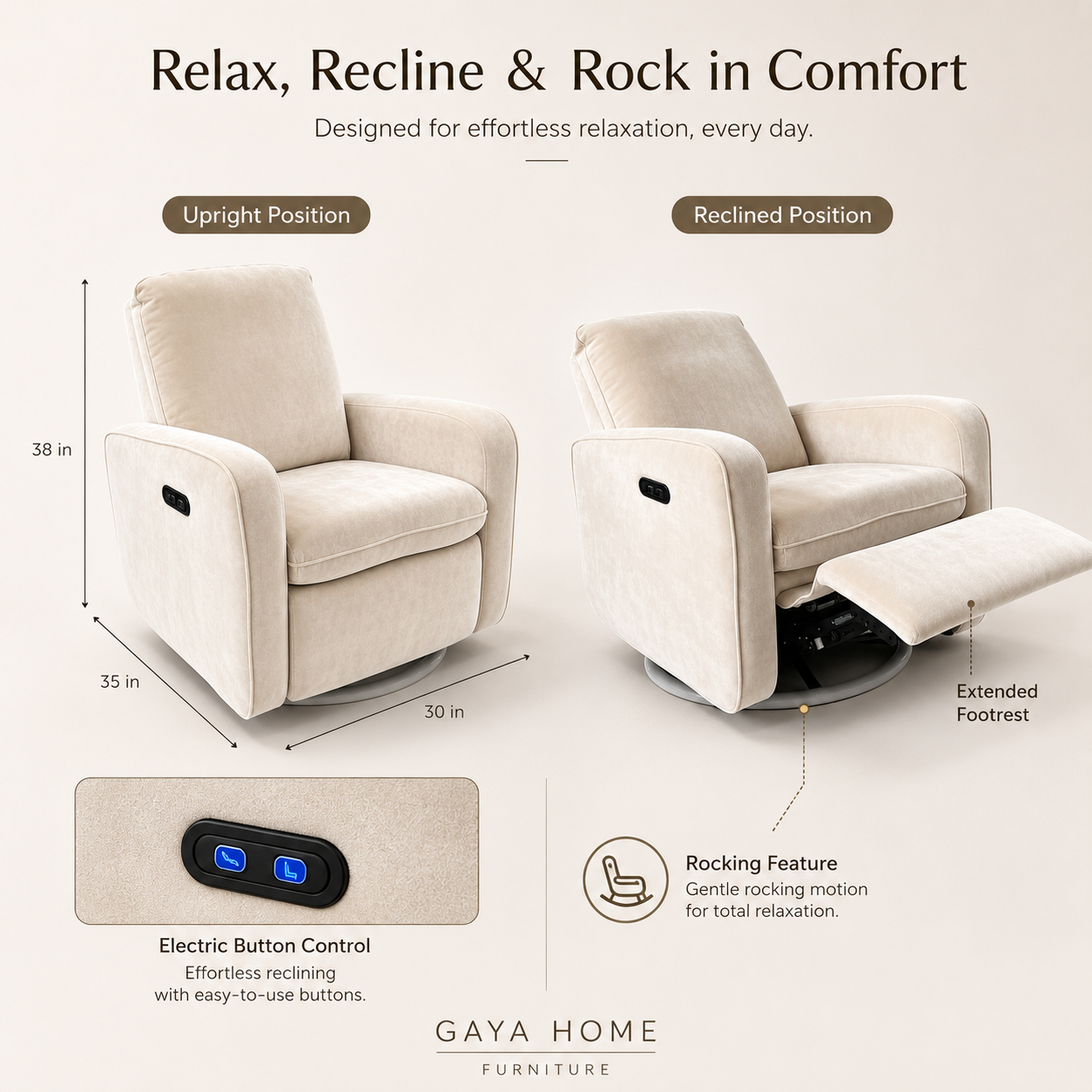 Luma electric rocking recliner chair shown upright and reclined with button control