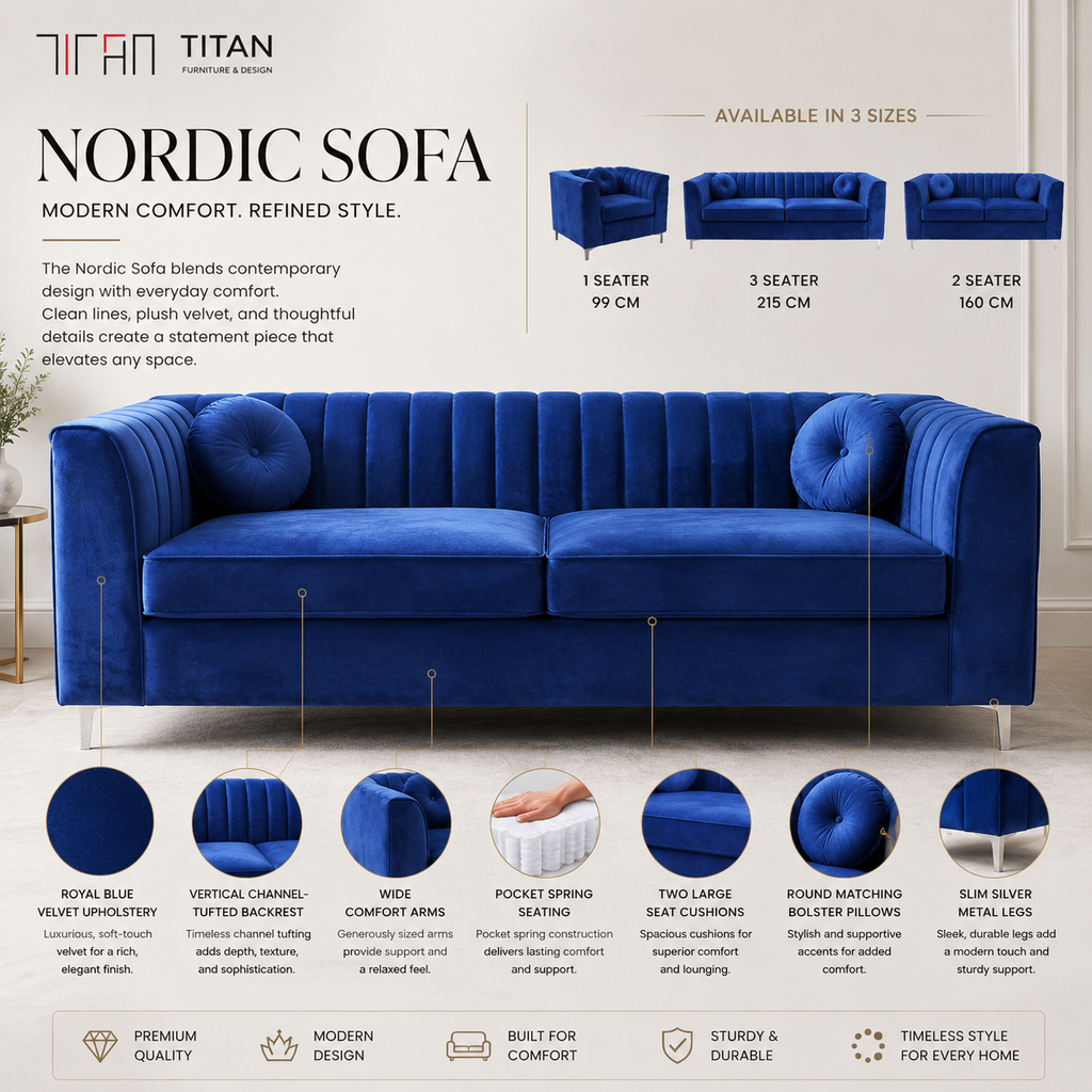 Nordic Series Sofa Set royal blue velvet sofa front view
