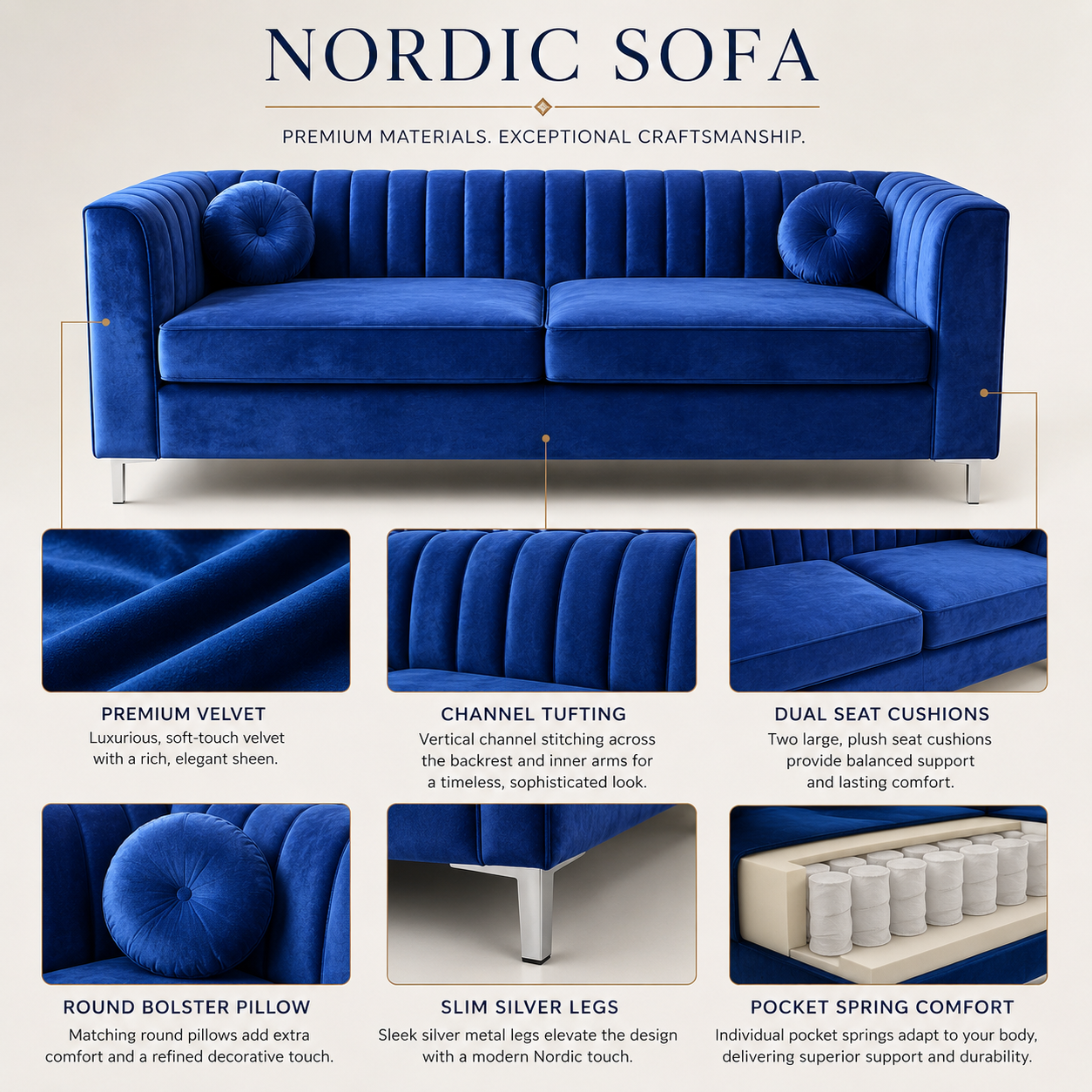 Nordic Series Sofa Set front side and three-quarter views