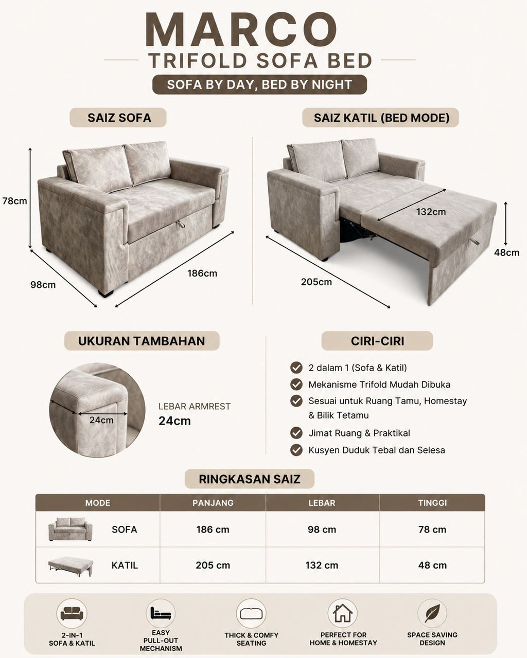 Marco trifold sofa bed dimension guide