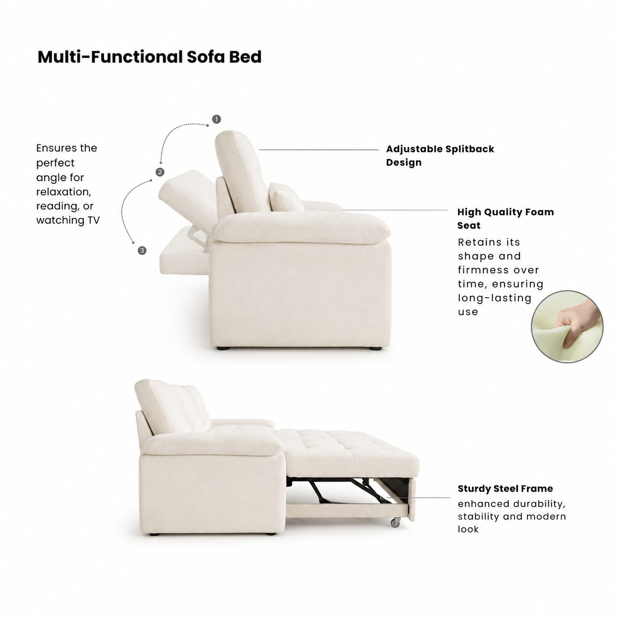 Luna sofa bed adjustable split-back and steel frame feature guide