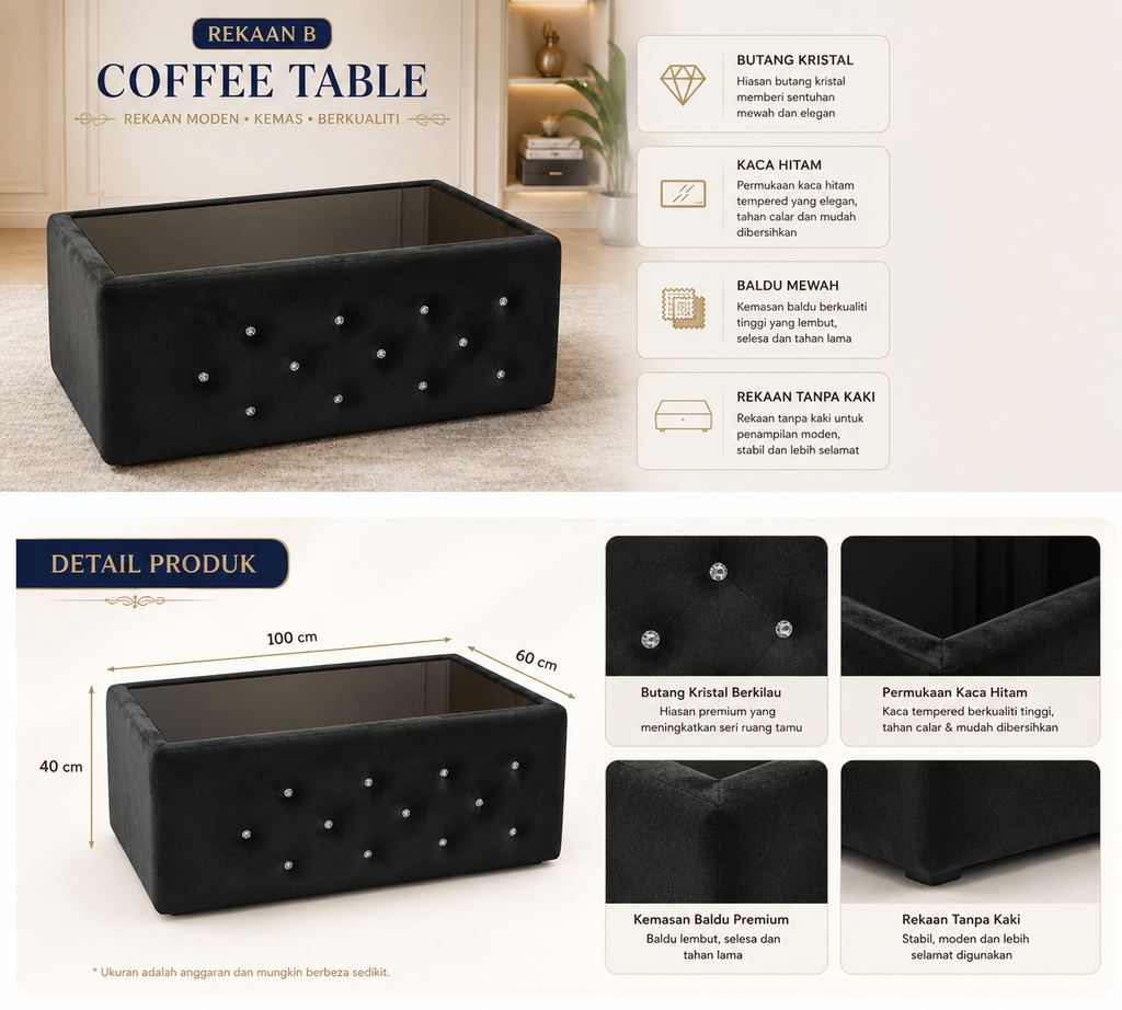 Classic fabric coffee table Without Legs design with black glass top and crystal buttons