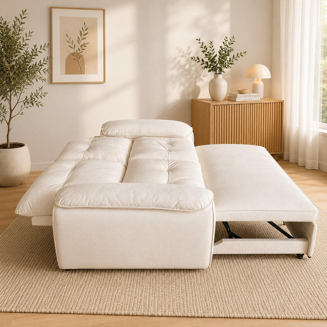 Luna 2 seater sofa bed folded into a compact chaise-style bed