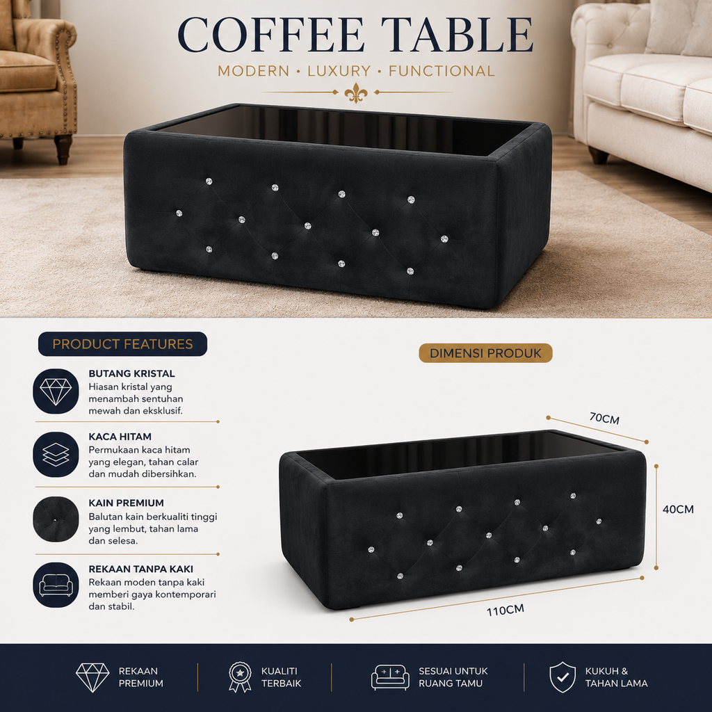 Classic black fabric coffee table Without Legs in a living room