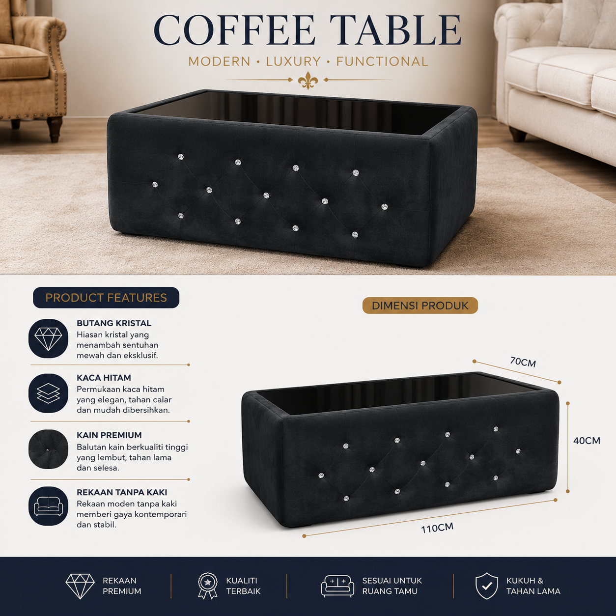 Classic black fabric coffee table Without Legs in a living room