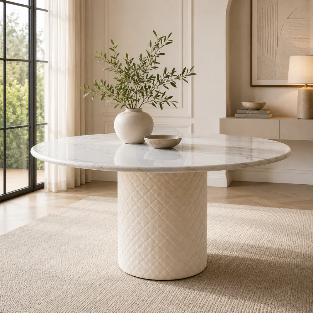 Chester round marble dining table with quilted pedestal base in a bright dining room