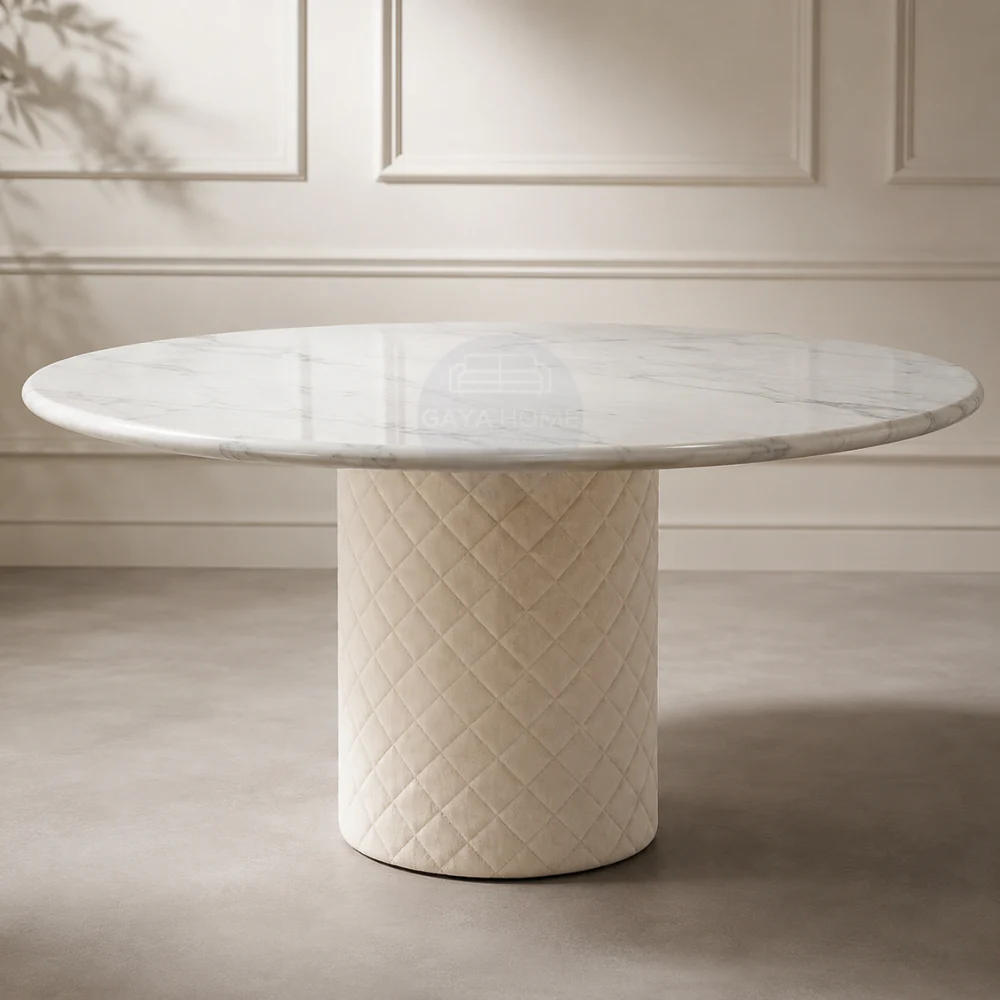 Chester round marble dining table front view with cylindrical quilted base