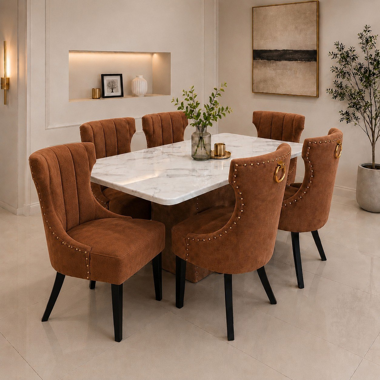 Regalia Marble Dining Set with vertical channel upholstered chairs and ring accents
