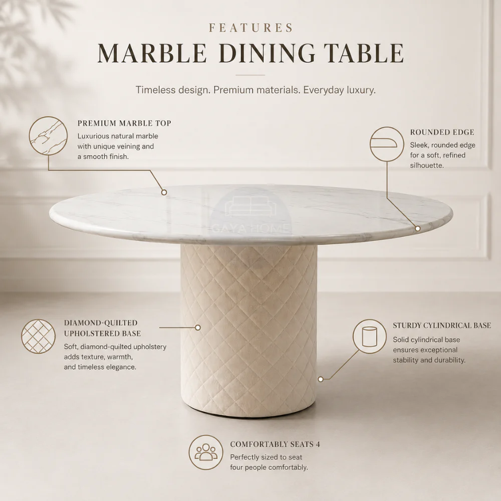Chester round marble dining table feature guide showing its top, edge and quilted base