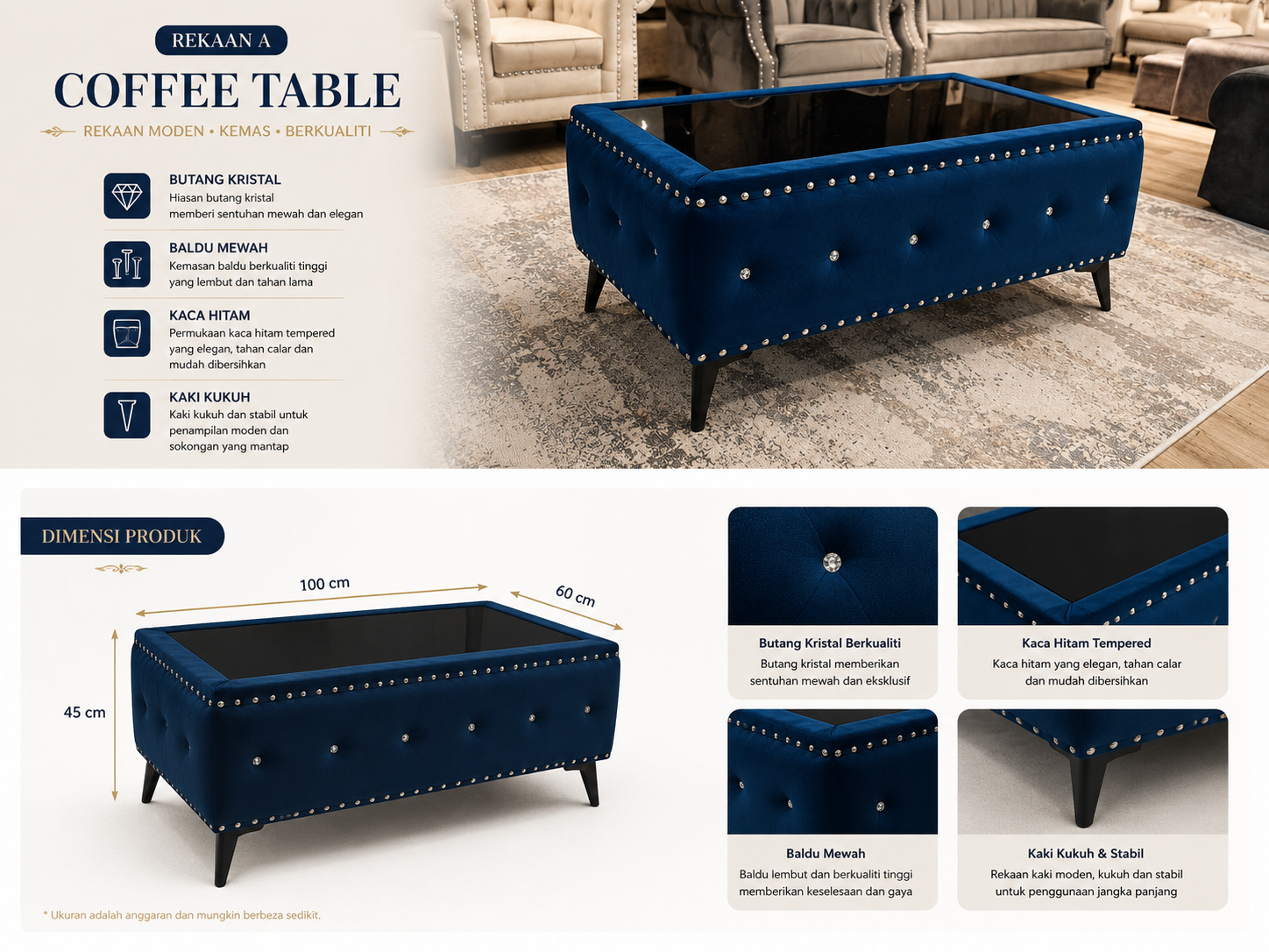 Classic blue fabric coffee table With Legs with crystal buttons and black glass top