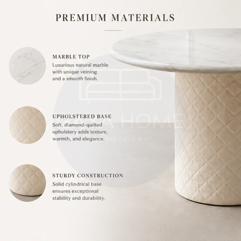 Chester dining table materials guide highlighting the marble top and upholstered base