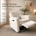 Luma cream electric rocking recliner chair with the footrest extended in a living room