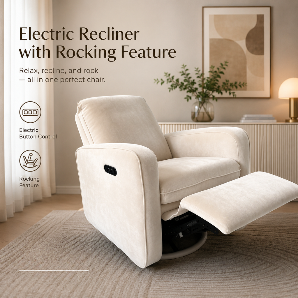 Luma cream electric rocking recliner chair with the footrest extended in a living room