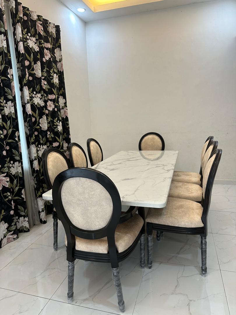 The Roma Dining Set (C248) | Luxury Marble Top Table with Neo-Classical Medallion Chairs