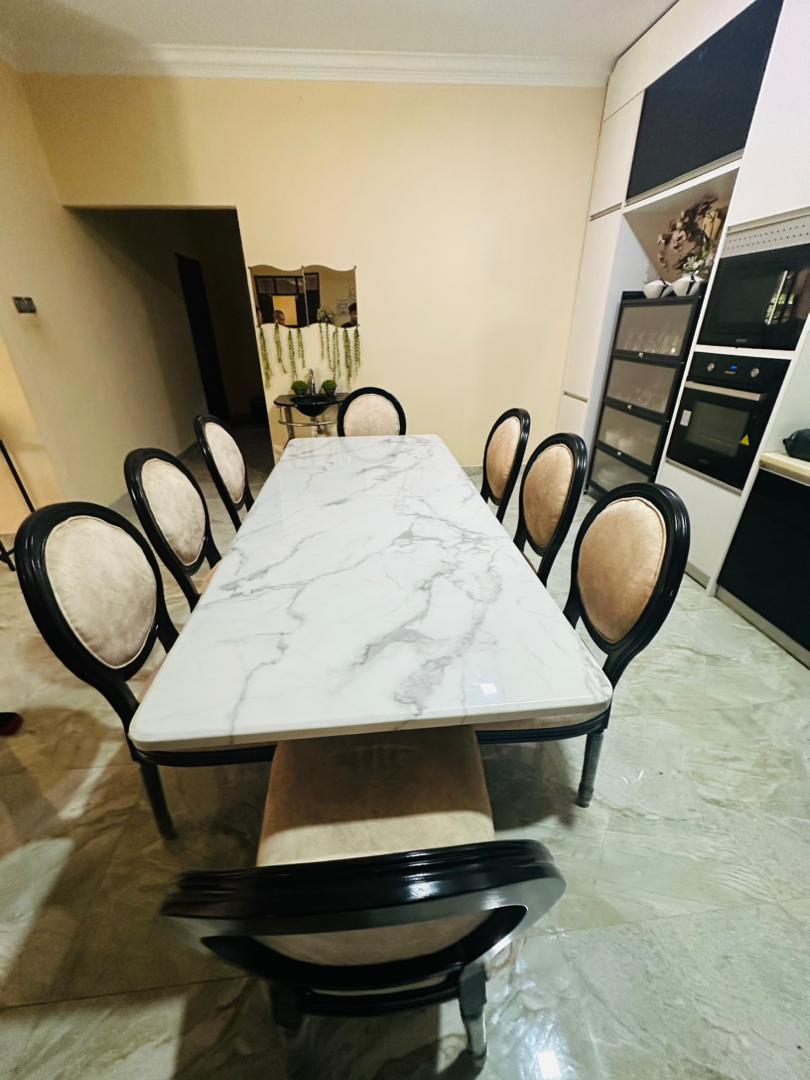 The Roma Dining Set (C248) | Luxury Marble Top Table with Neo-Classical Medallion Chairs