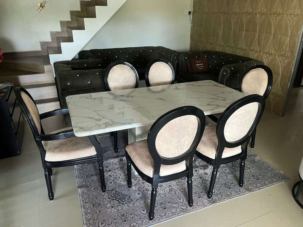 The Roma Dining Set (C248) | Luxury Marble Top Table with Neo-Classical Medallion Chairs