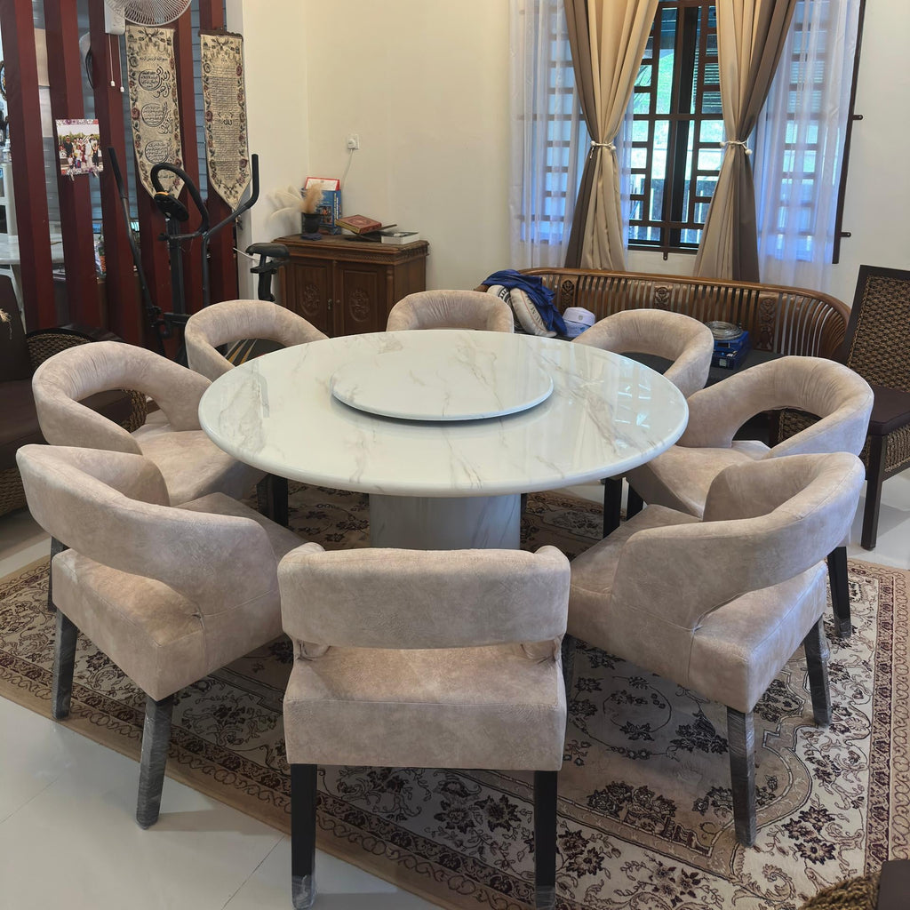 The Ren Dining Set (ST15) | Designer Round Marble Table & Sculptural Cut-Out Chairs