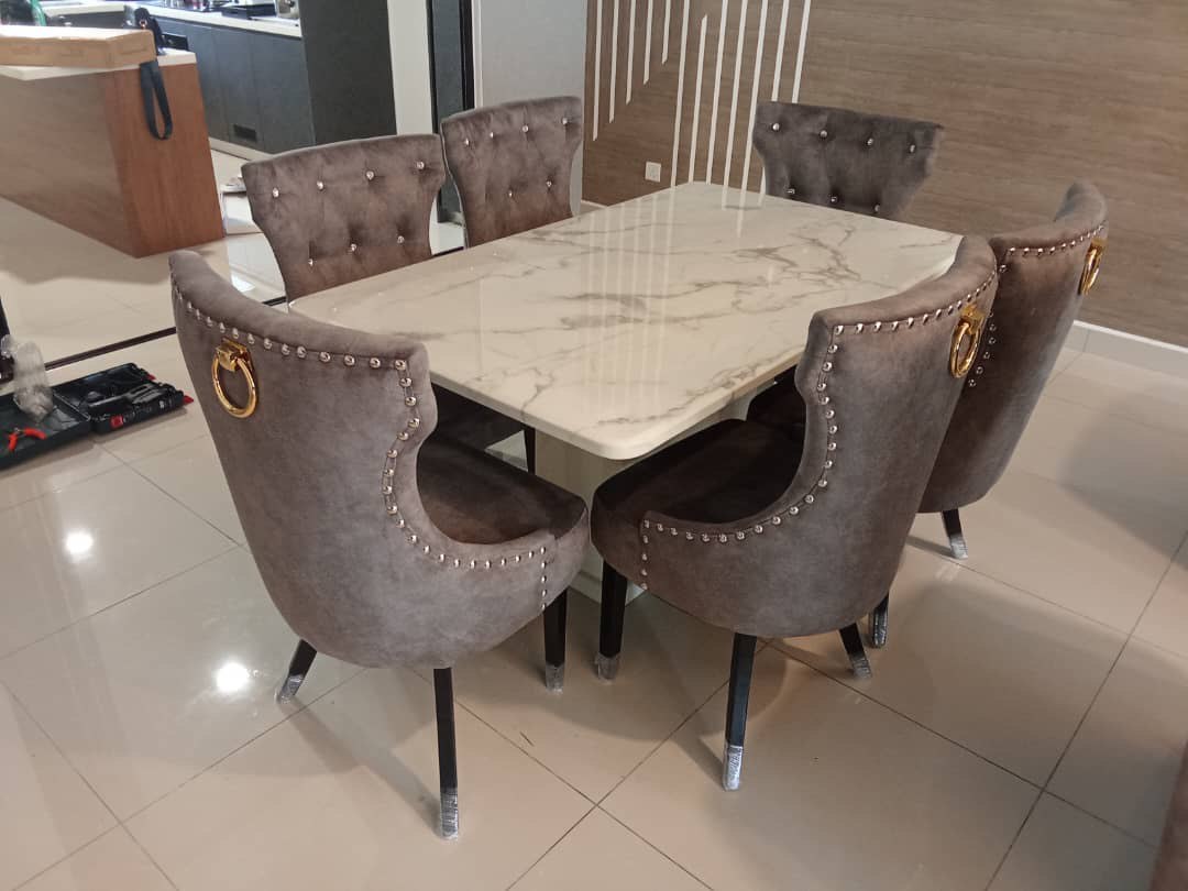 Grey velvet Butterfly dining set with marble table and six chairs