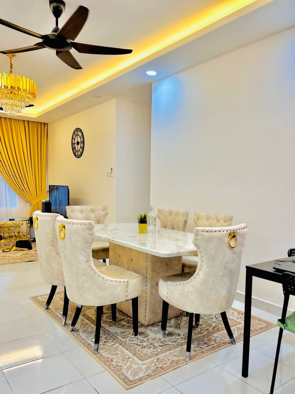 Cream velvet Butterfly dining set with marble table in bright home interior