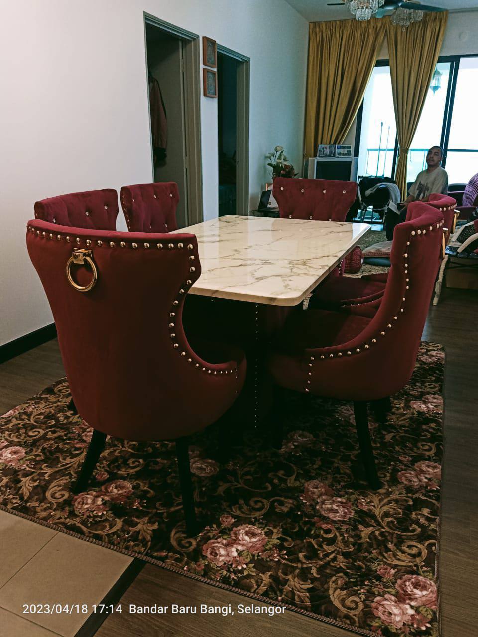 Burgundy Butterfly dining set with marble table in home dining area