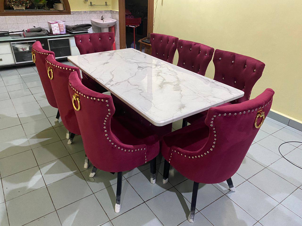 Burgundy velvet Butterfly dining set with marble table and six chairs