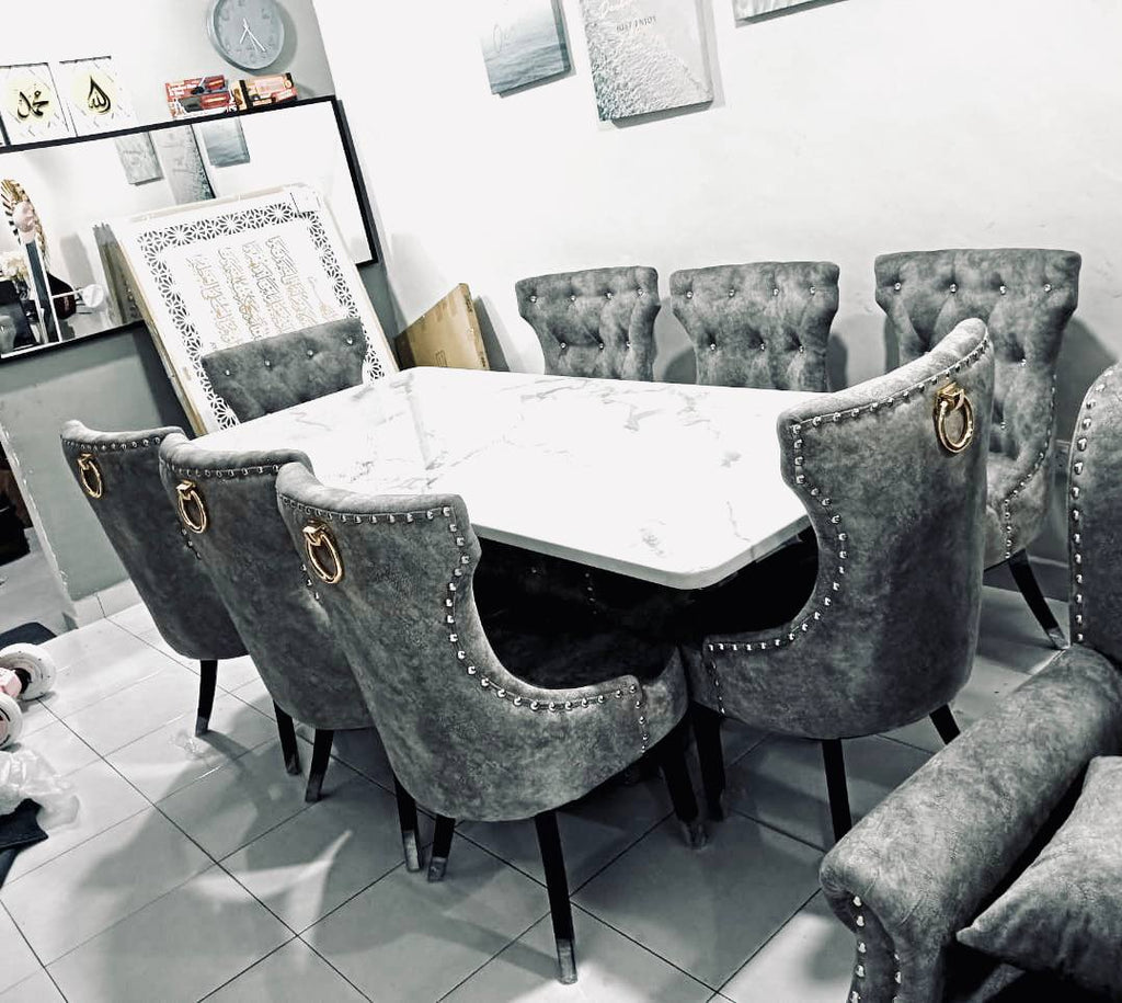 Grey Butterfly marble dining set with six chairs in home dining room