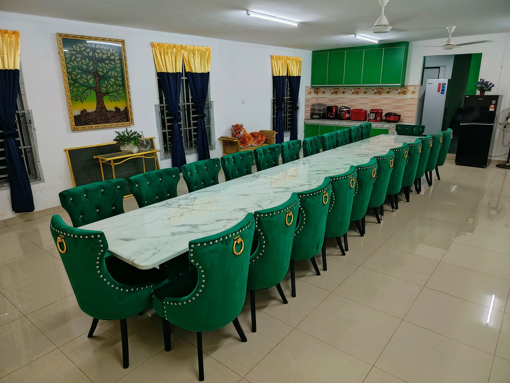 Long green velvet Butterfly dining set with marble table for large gathering