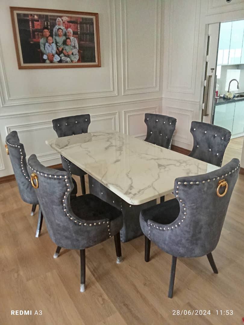 Grey velvet Butterfly dining set with marble table in panelled dining room