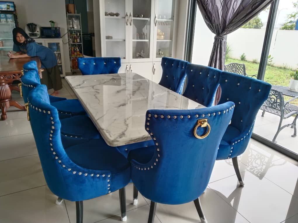 Blue velvet Butterfly marble dining set in bright dining room