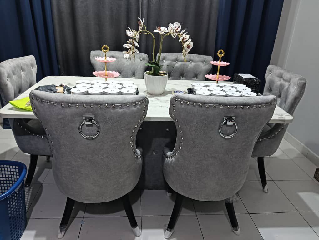 Butterfly marble dining set with marble top and upholstered chairs