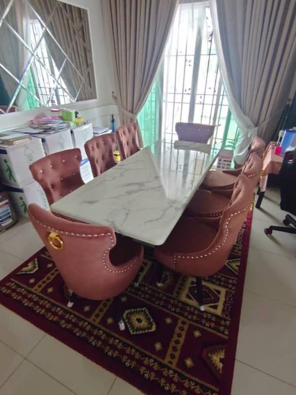 Pink velvet Butterfly dining set with marble table in home dining room