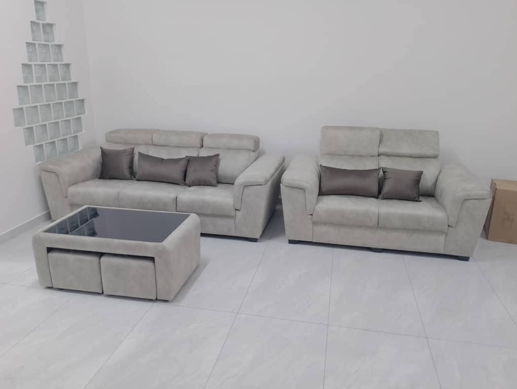 Easy Series sofa set with matching armchair and coffee table in light grey upholstery
