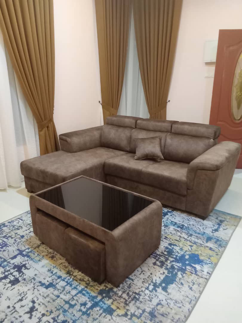Easy Series L shape sofa with matching coffee table in brown upholstery