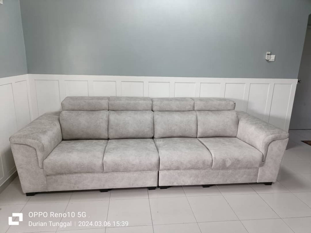 Easy Series three seater sofa in light grey upholstery with adjustable headrests