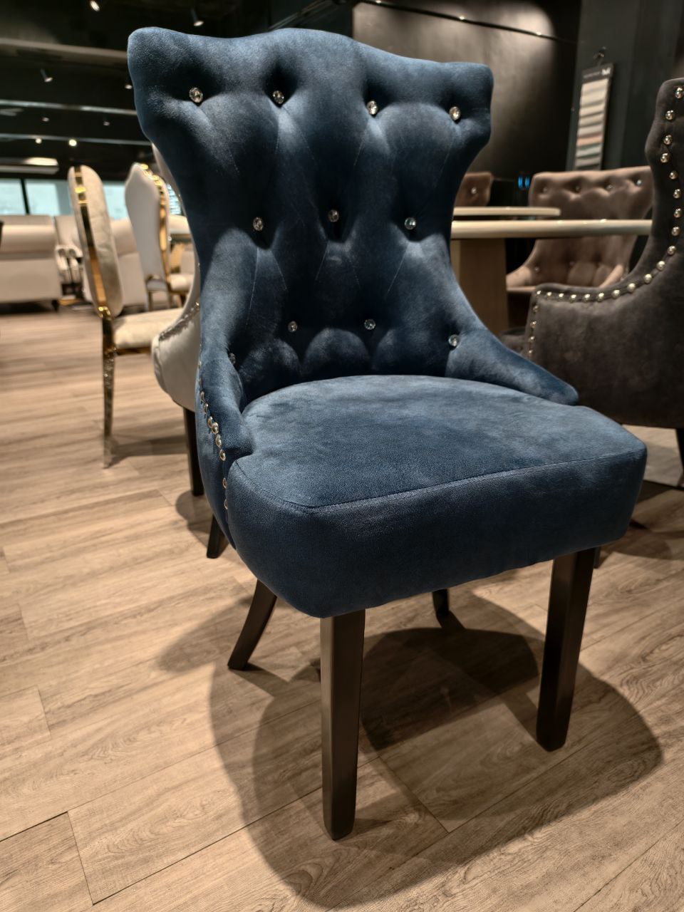 Helena dining chair front view in blue velvet upholstery