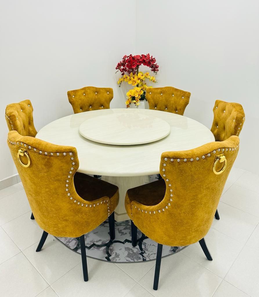 Butterfly Round Marble Dining Set angled room view
