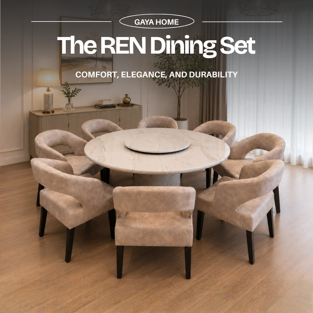 The Ren Dining Set (ST15) | Designer Round Marble Table & Sculptural Cut-Out Chairs