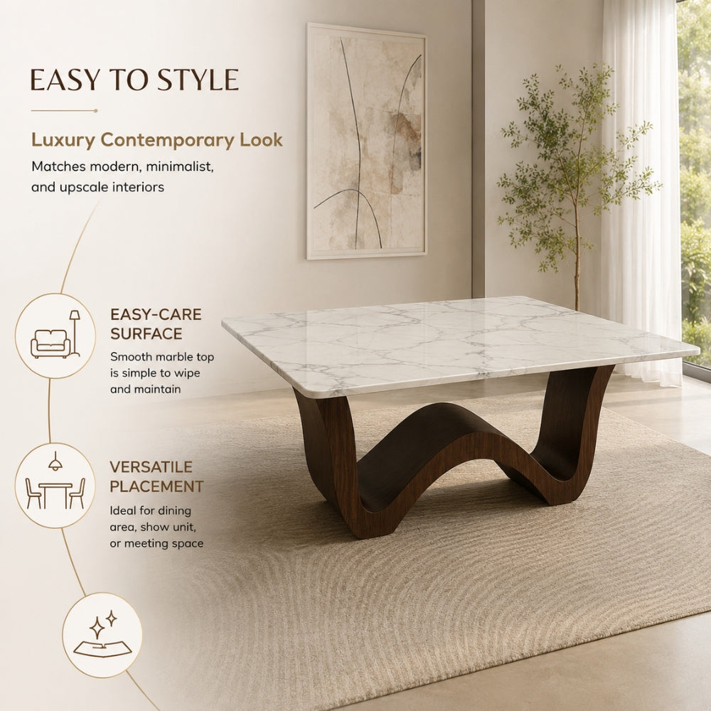 Gaya Home Wave Dining Table style guide showcasing easy-care surface, luxury contemporary look, and versatile placement