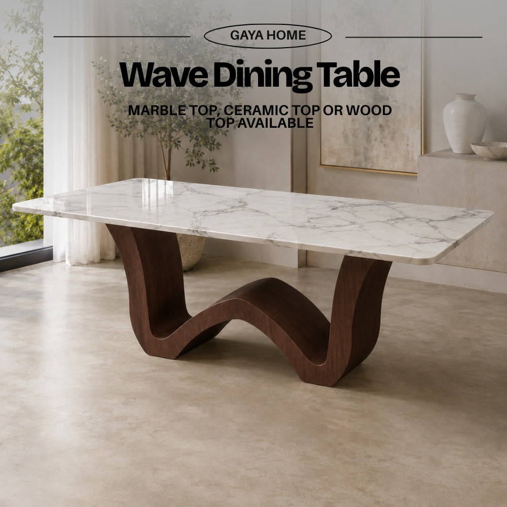 Gaya Home Wave Dining Table with white marble top and dark brown wood wave-shaped base