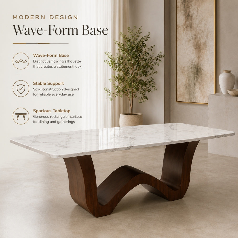 Gaya Home Wave Dining Table modern design: distinctive wave-form base, stable support, and spacious tabletop