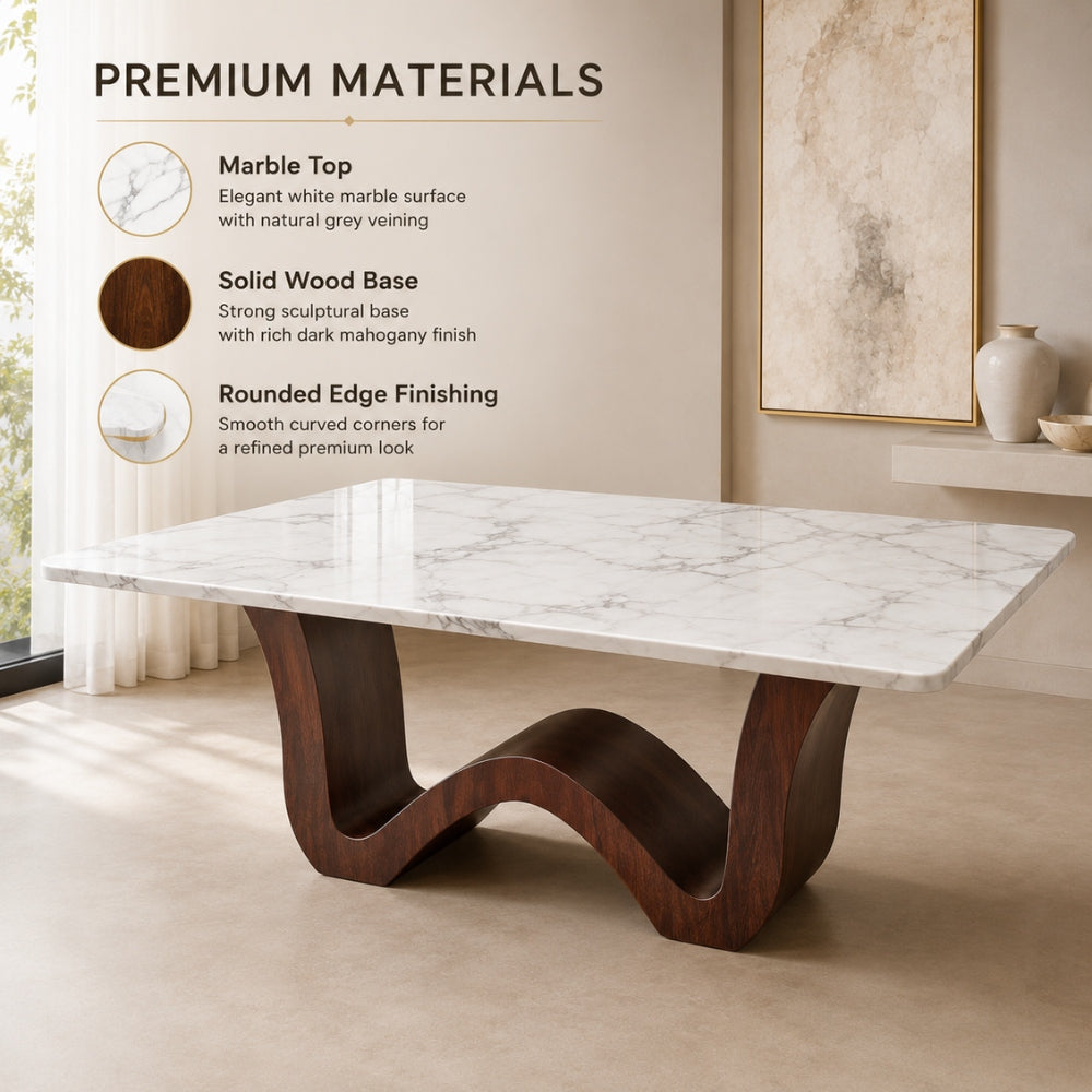 Gaya Home Wave Dining Table Premium Materials details: white marble top with natural grey veining, solid wood base with mahogany finish, and rounded corners