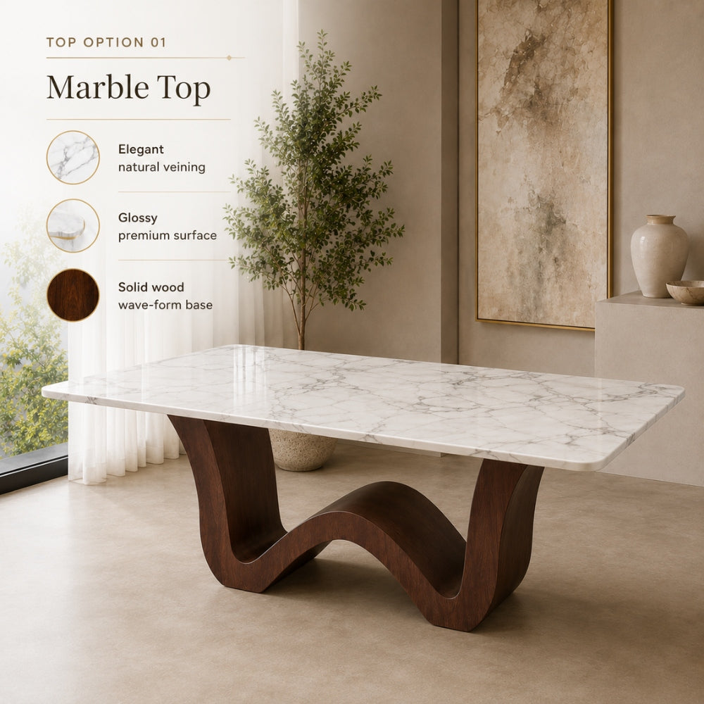 Gaya Home Wave Dining Table Top Option 1: White Marble Top details with elegant natural veining and glossy premium surface